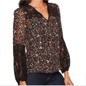 Rebecca Taylor ‘Lyra’ Red Floral Black Lace Pintuck Silk Blouse Women’s Size 00